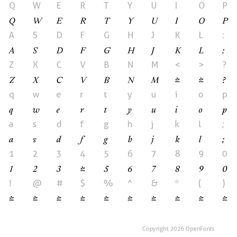 Character Map of FONTSPRING DEMO - Cassius SemiBold Italic Regular