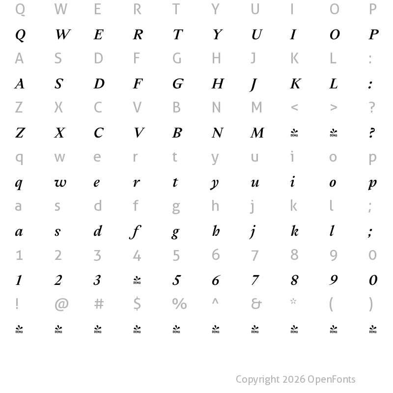 Character Map of FONTSPRING DEMO - Cassius UltraBold Italic Regular