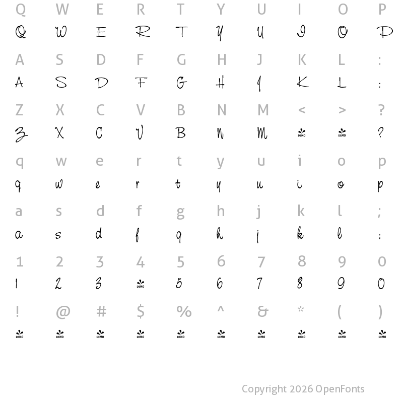 Character Map of FONTSPRING DEMO - Casual Hand Regular