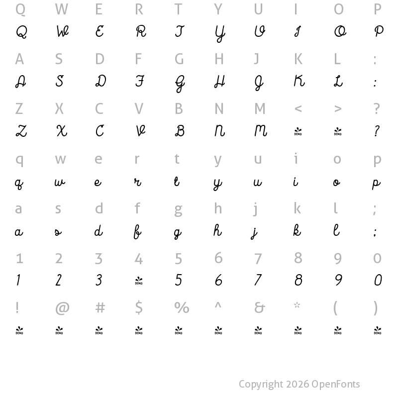 Character Map of FONTSPRING DEMO - Catalina Script Bold Italic Regular