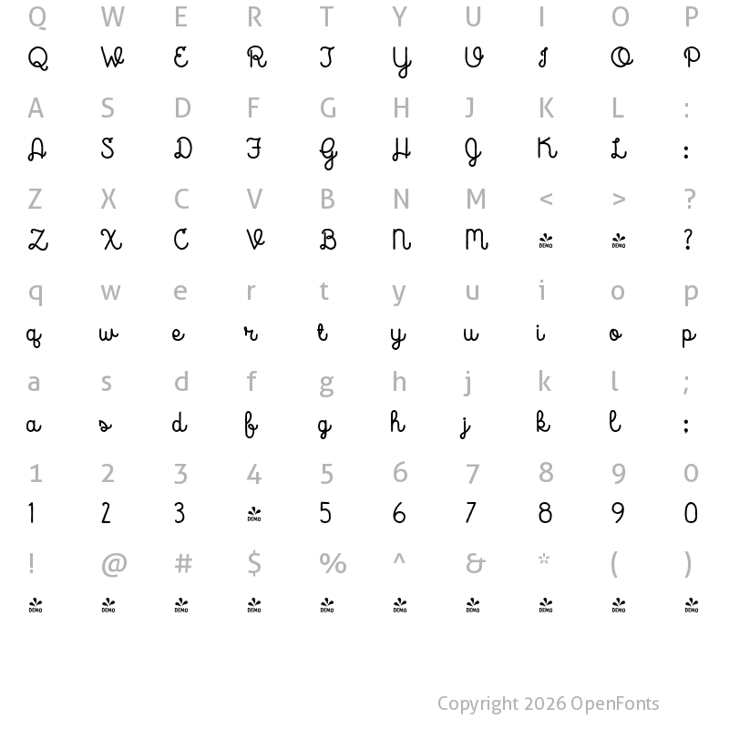 Character Map of FONTSPRING DEMO - Catalina Script Bold Regular