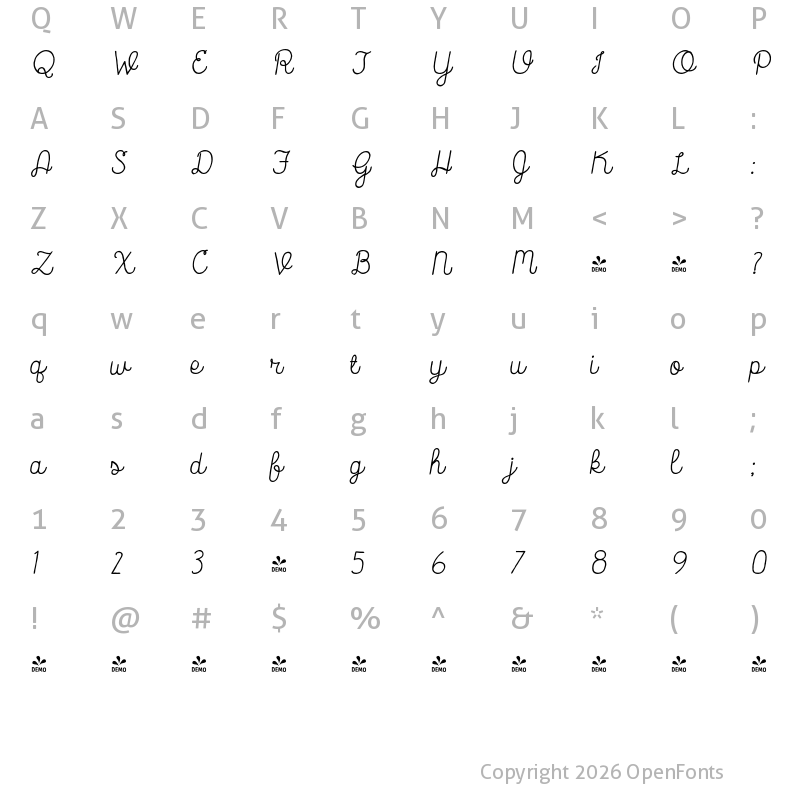 Character Map of FONTSPRING DEMO - Catalina Script Italic Regular