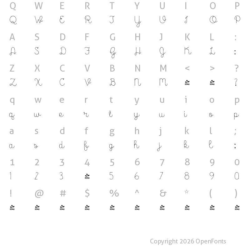 Character Map of FONTSPRING DEMO - Catalina Script Light Regular