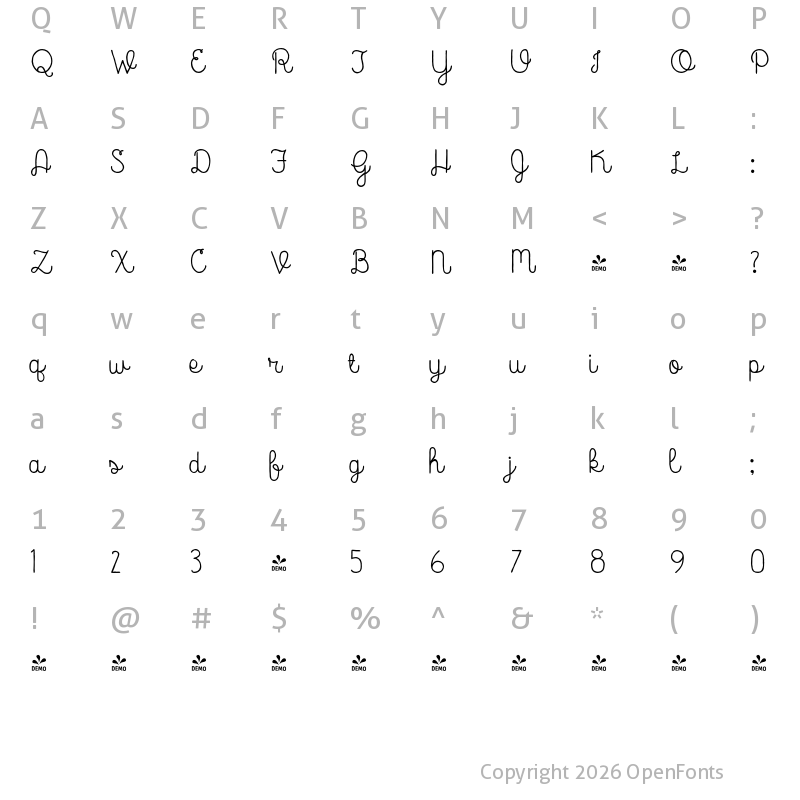 Character Map of FONTSPRING DEMO - Catalina Script Regular