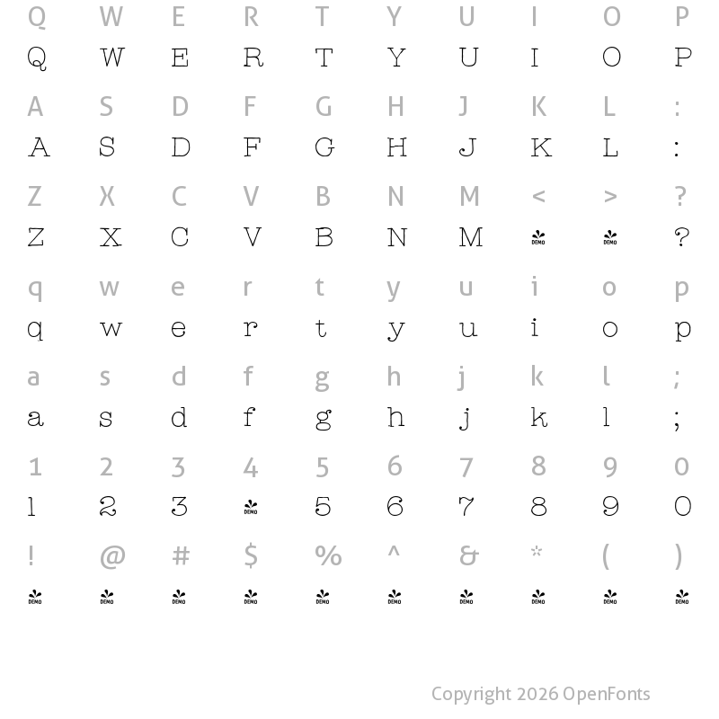 Character Map of FONTSPRING DEMO - Catalina Typewriter Light Regular
