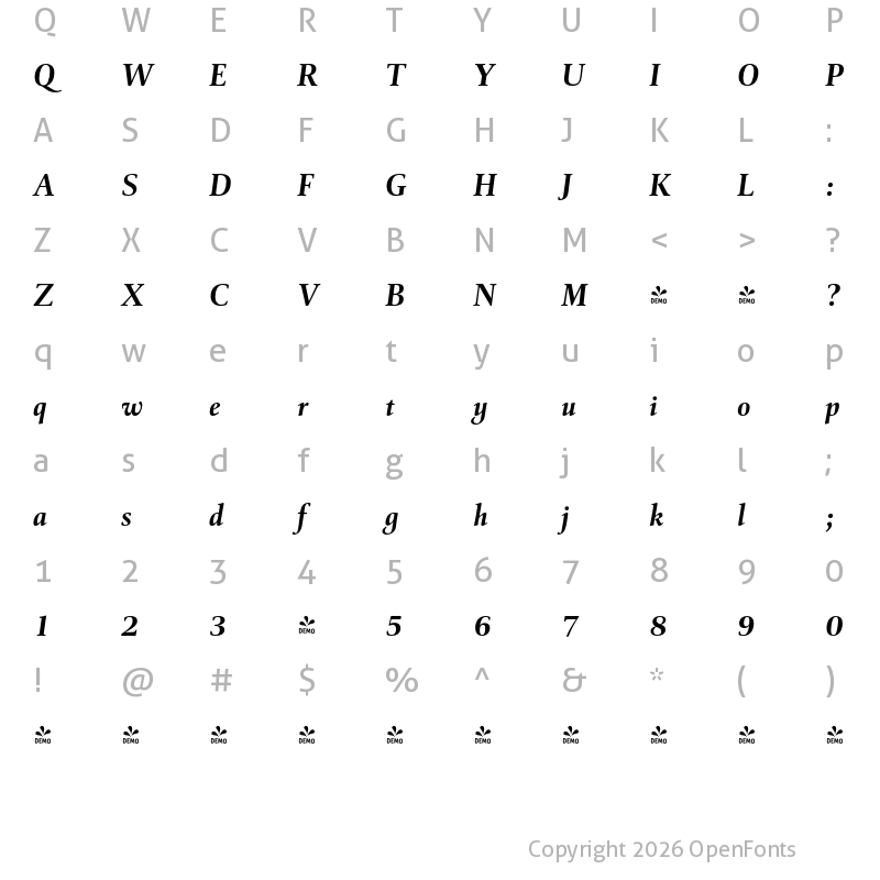 Character Map of FONTSPRING DEMO - Cattigan Bold Bold Italic