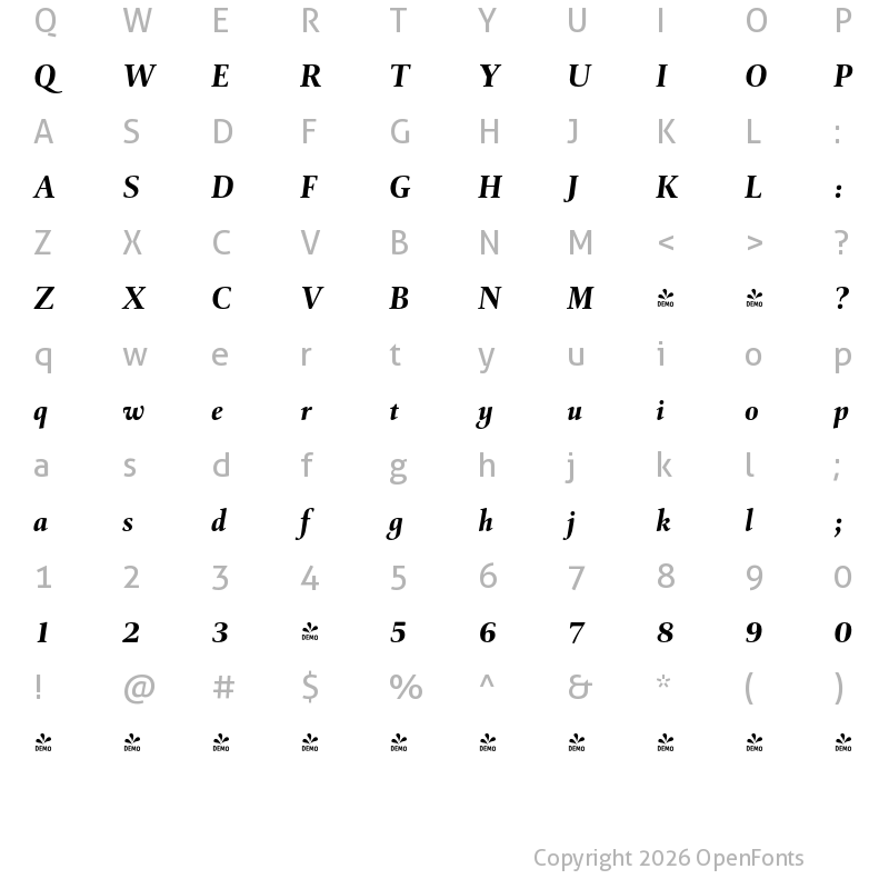 Character Map of FONTSPRING DEMO - Cattigan Extrabold Italic