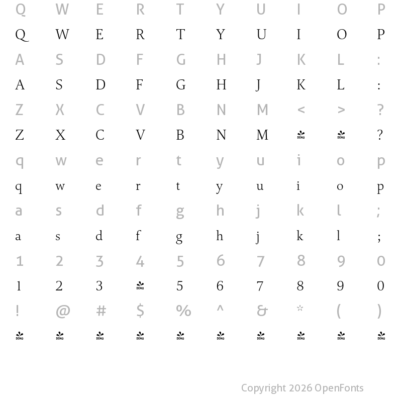 Character Map of FONTSPRING DEMO - Cattigan Extralight Regular