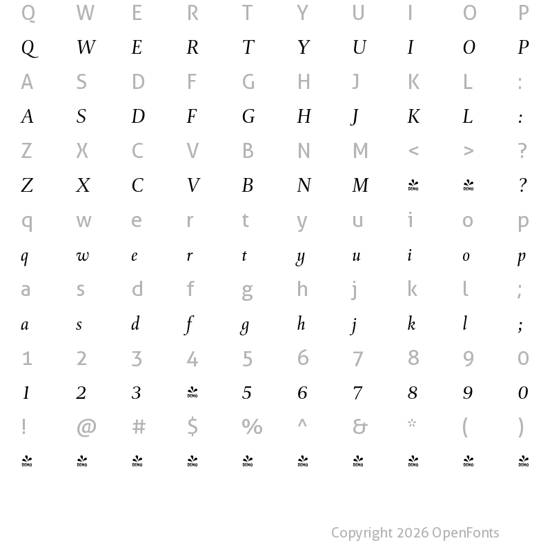 Character Map of FONTSPRING DEMO - Cattigan Italic