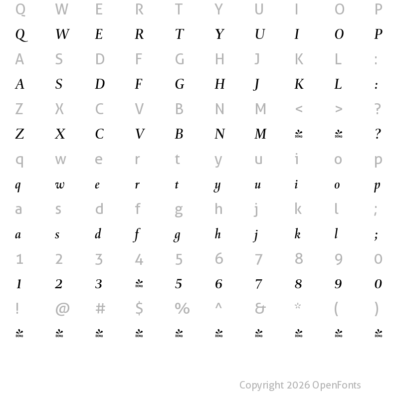 Character Map of FONTSPRING DEMO - Cattigan Medium Italic