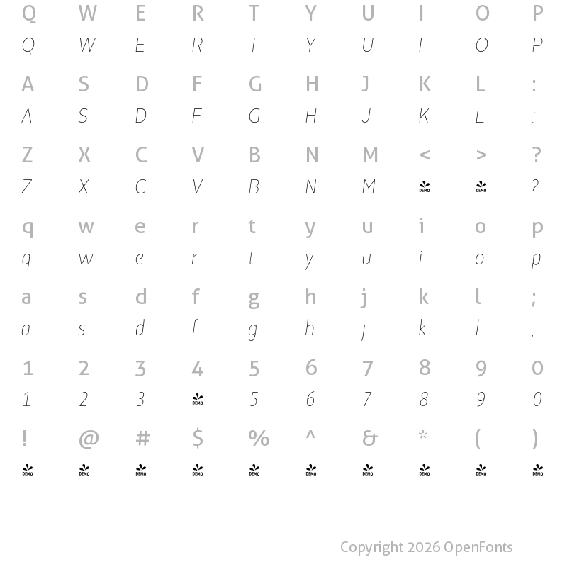 Character Map of FONTSPRING DEMO - Cavita Rounded Thin Italic