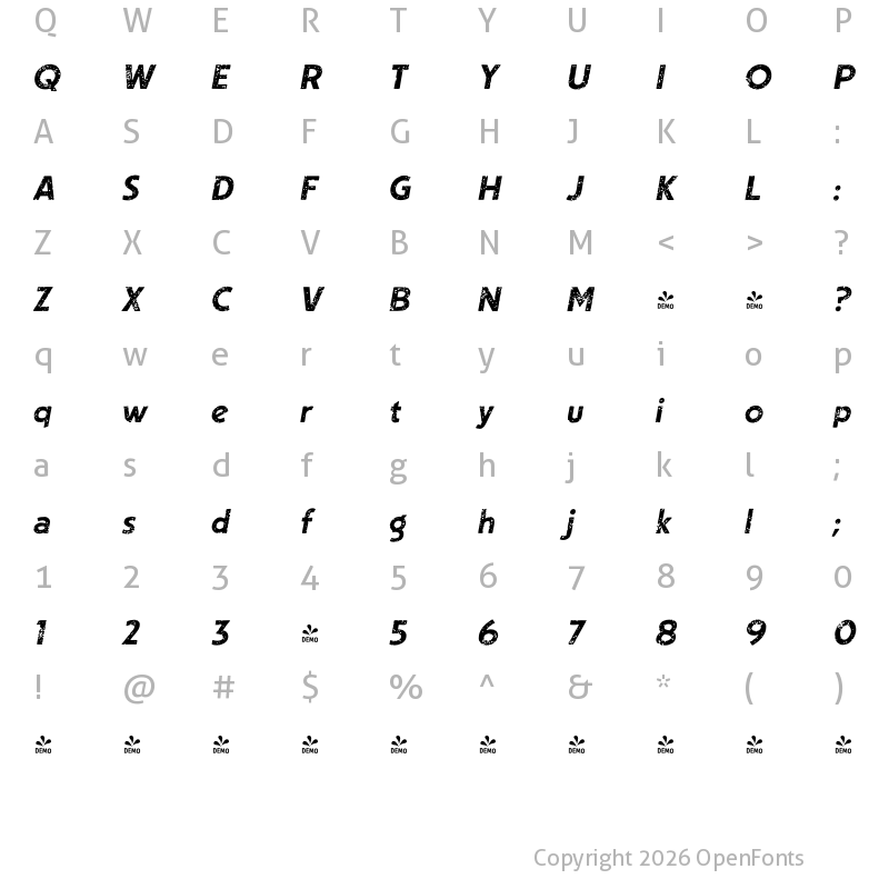 Character Map of FONTSPRING DEMO - CCSingleBoundVintage Bold Italic