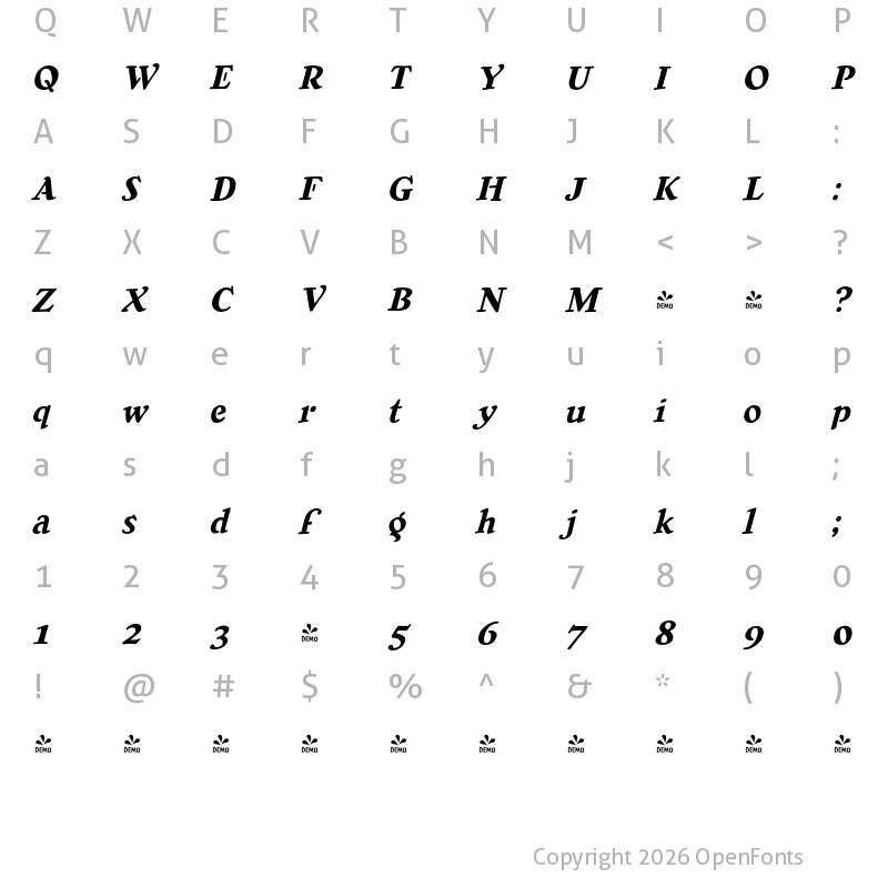 Character Map of FONTSPRING DEMO - CCWuxtryWuxtry Bold Italic