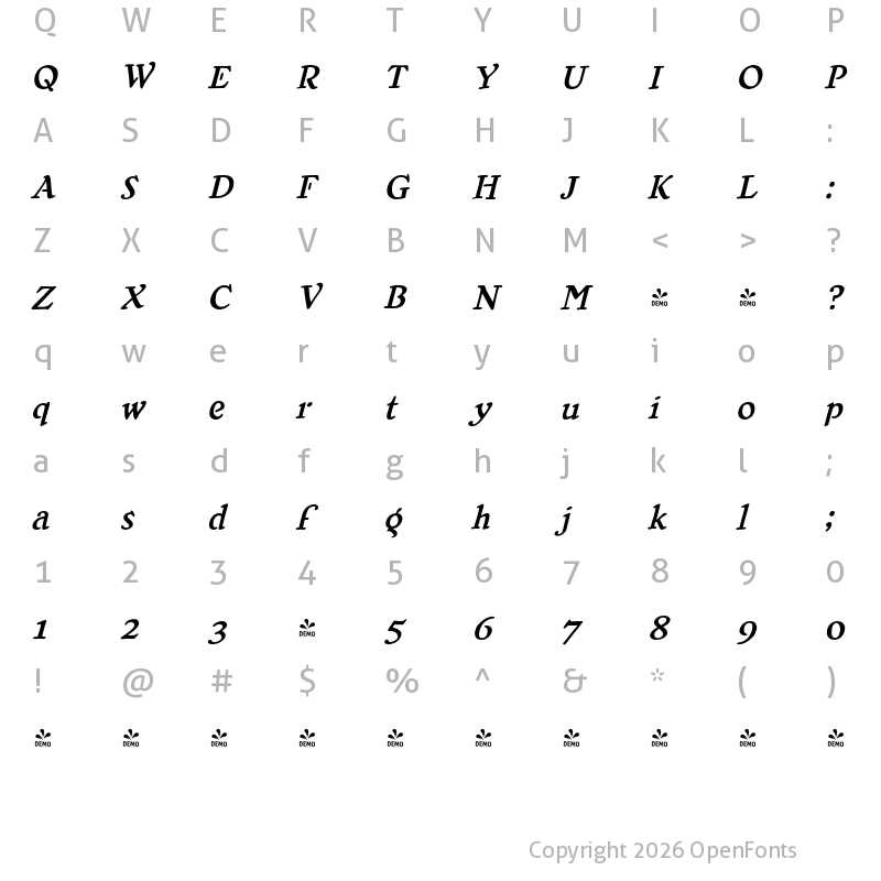 Character Map of FONTSPRING DEMO - CCWuxtryWuxtry Italic