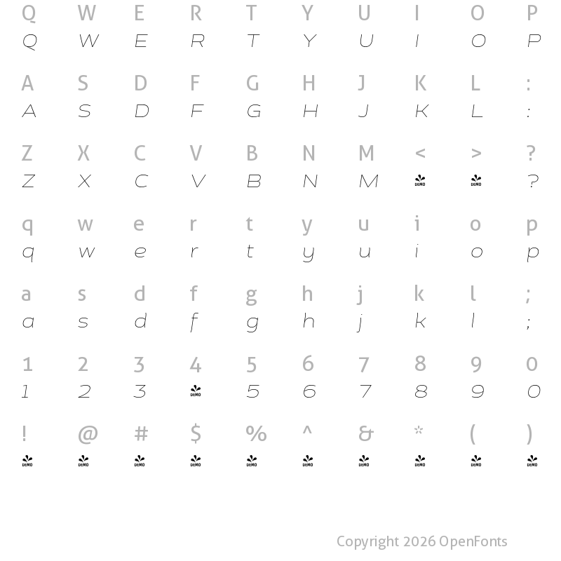 Character Map of FONTSPRING DEMO - Cedra 4F Wide Thin Italic