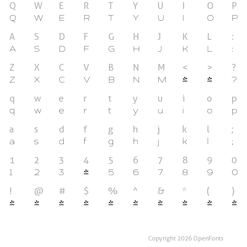Character Map of FONTSPRING DEMO - Cedra 4F Wide Thin Regular