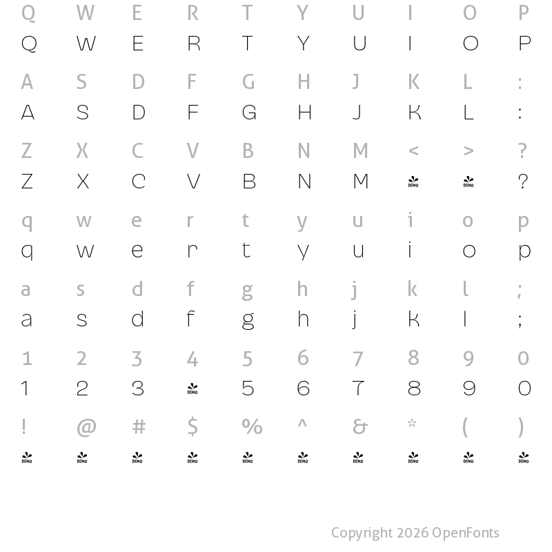 Character Map of FONTSPRING DEMO - Cendra Thin Regular