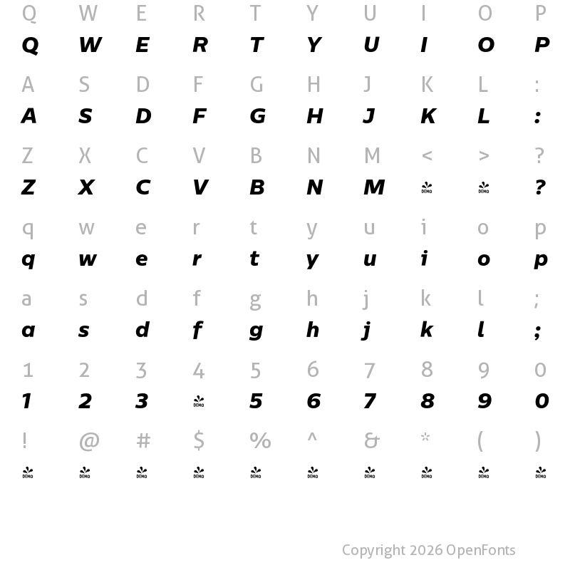 Character Map of FONTSPRING DEMO - CentraleSans XBold XBold Italic