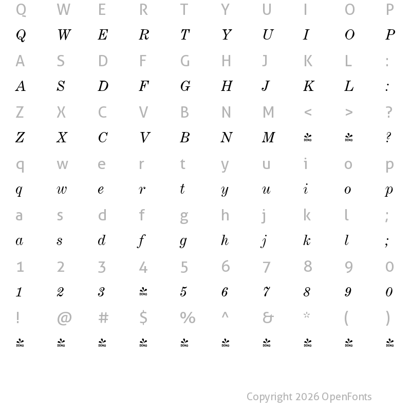 Character Map of FONTSPRING DEMO - Century Expanded Pro Italic