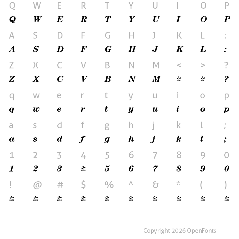 Character Map of FONTSPRING DEMO - Century Modern FS Bold Italic
