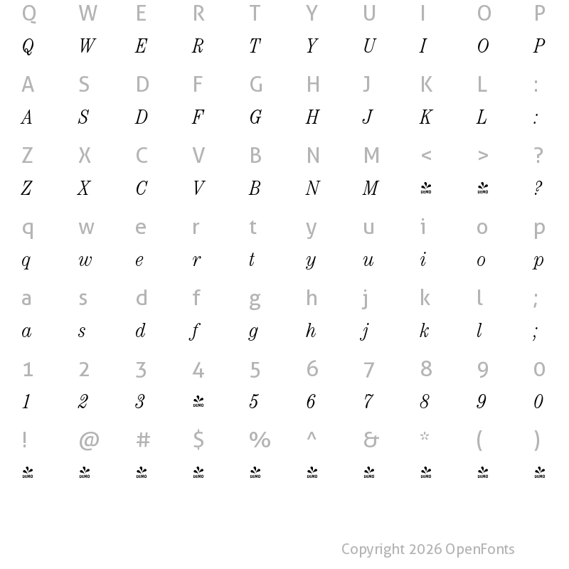 Character Map of FONTSPRING DEMO - Century Modern FS Cd Lt Italic