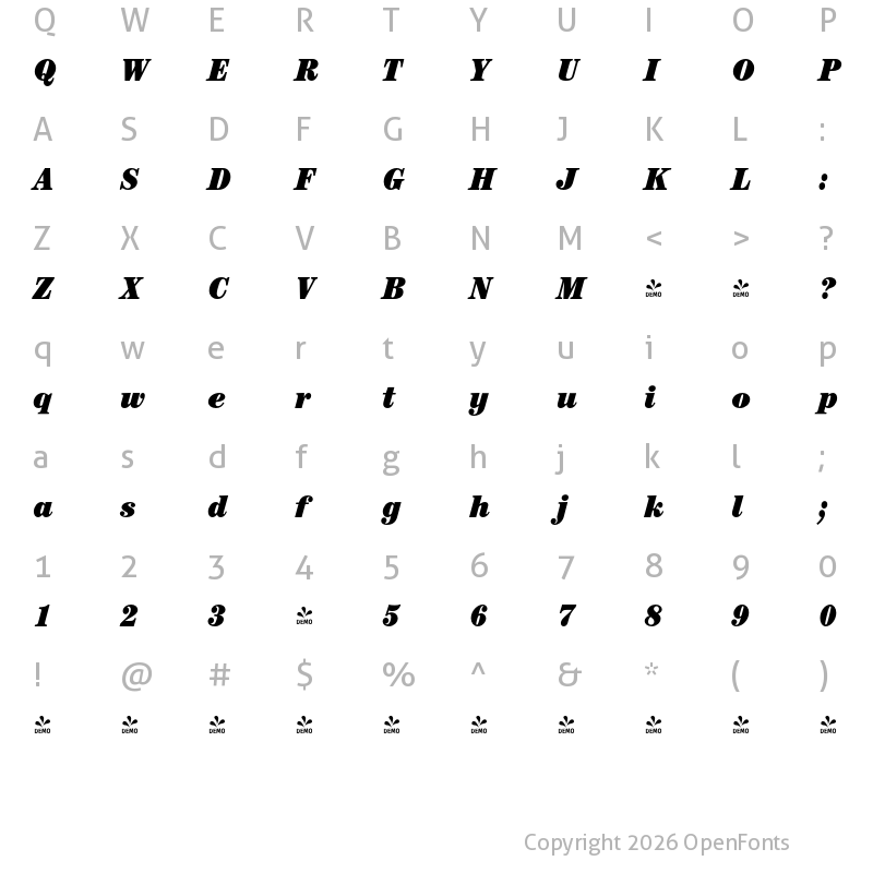 Character Map of FONTSPRING DEMO - Century Modern FS Cd Ultra Italic
