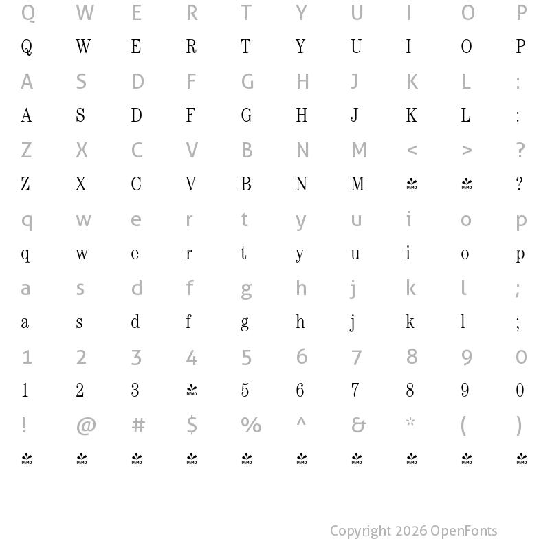 Character Map of FONTSPRING DEMO - Century Nova Pro Cd Light Regular