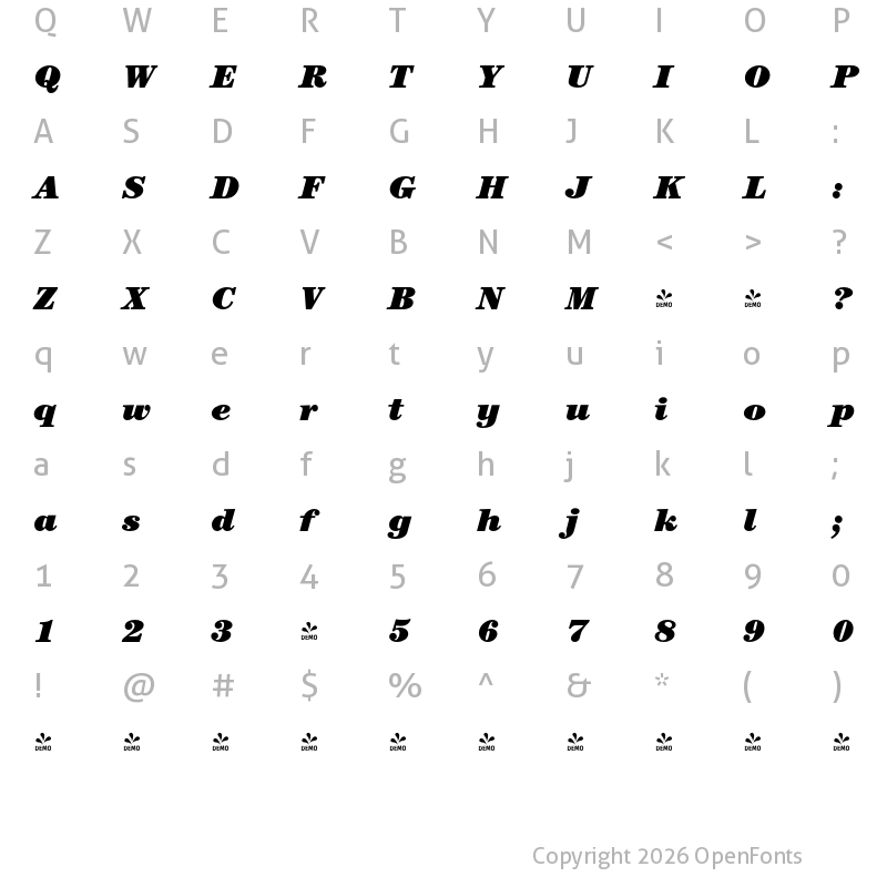 Character Map of FONTSPRING DEMO - Century Nova Pro Ultra Italic