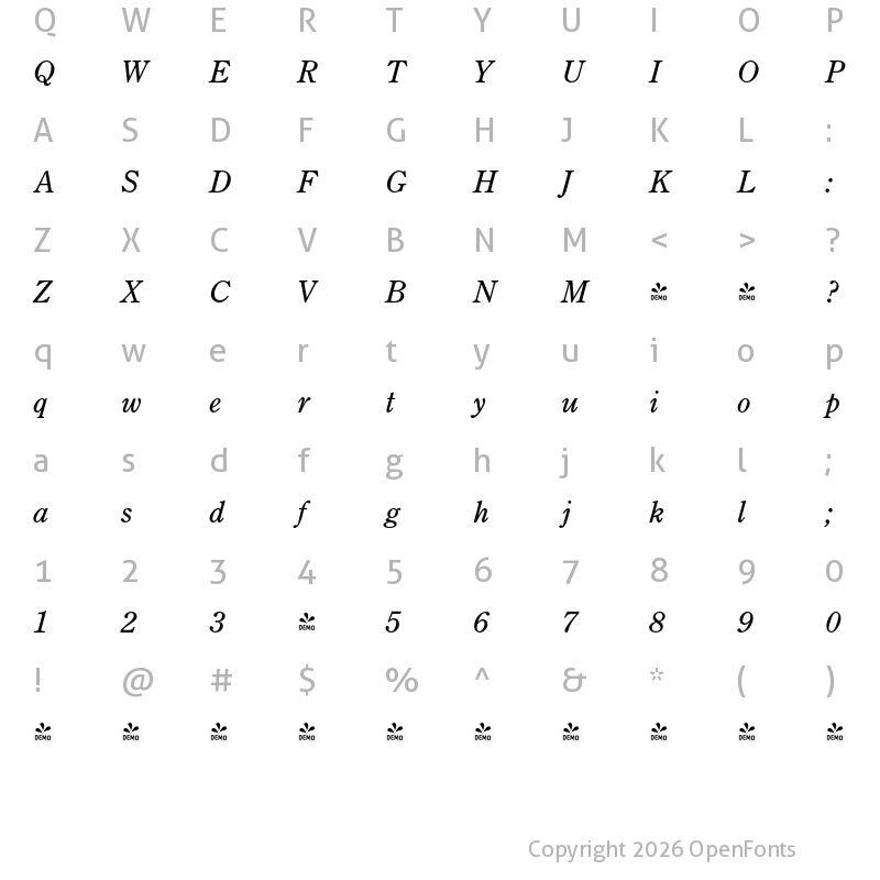 Character Map of FONTSPRING DEMO - Century Old Style FS Italic