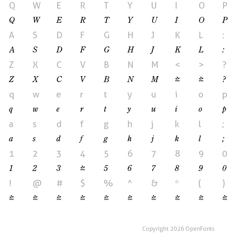 Character Map of FONTSPRING DEMO - Century Old Style Pro Italic