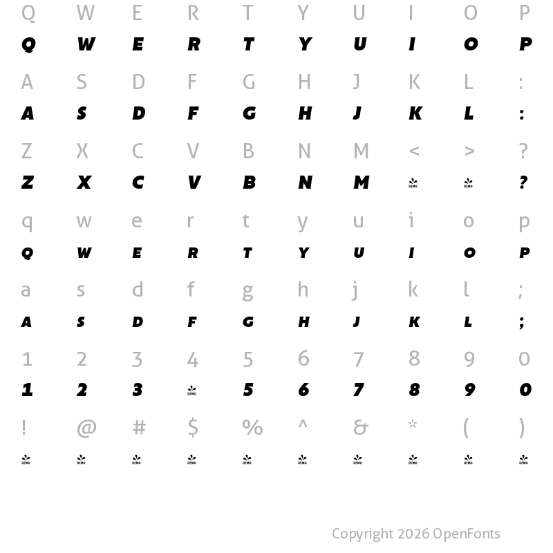 Character Map of FONTSPRING DEMO - Cenzo Flare Black Italic Regular