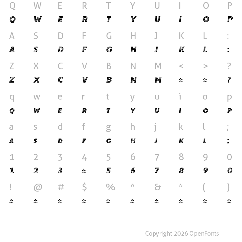 Character Map of FONTSPRING DEMO - Cenzo Flare InLine Bold Italic Regular