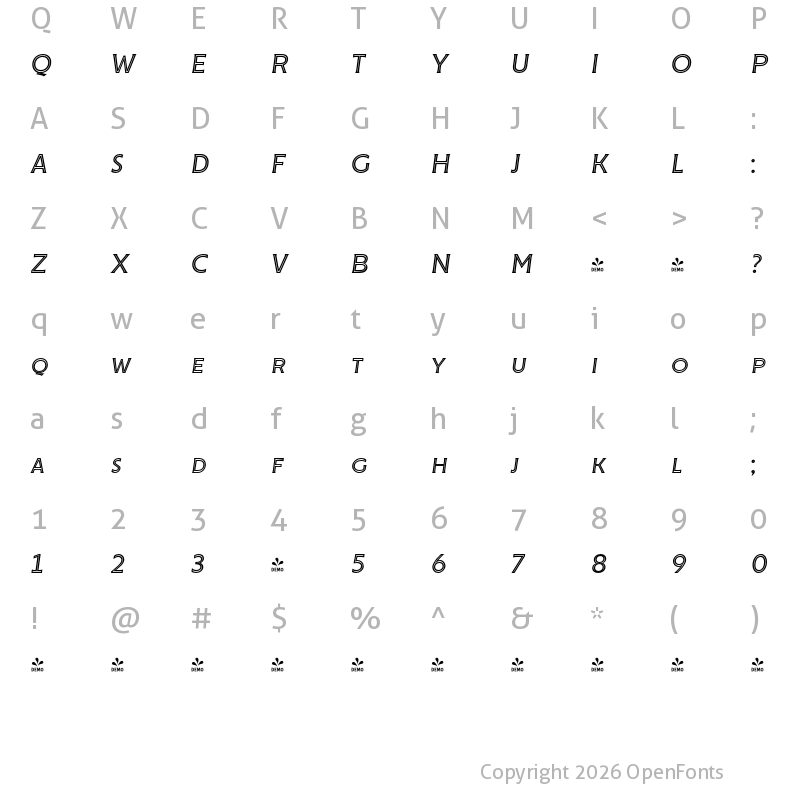 Character Map of FONTSPRING DEMO - Cenzo Flare InLine Italic Regular