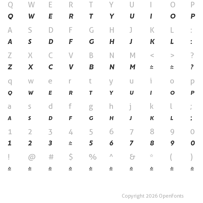 Character Map of FONTSPRING DEMO - Cenzo Flare InLine Medium It Regular