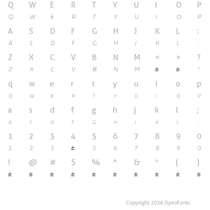 Character Map of FONTSPRING DEMO - Cenzo Flare Line Bold Italic Regular