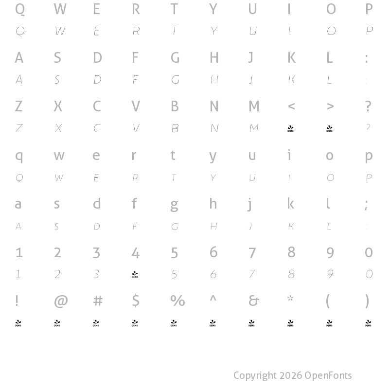 Character Map of FONTSPRING DEMO - Cenzo Flare Line Italic Regular