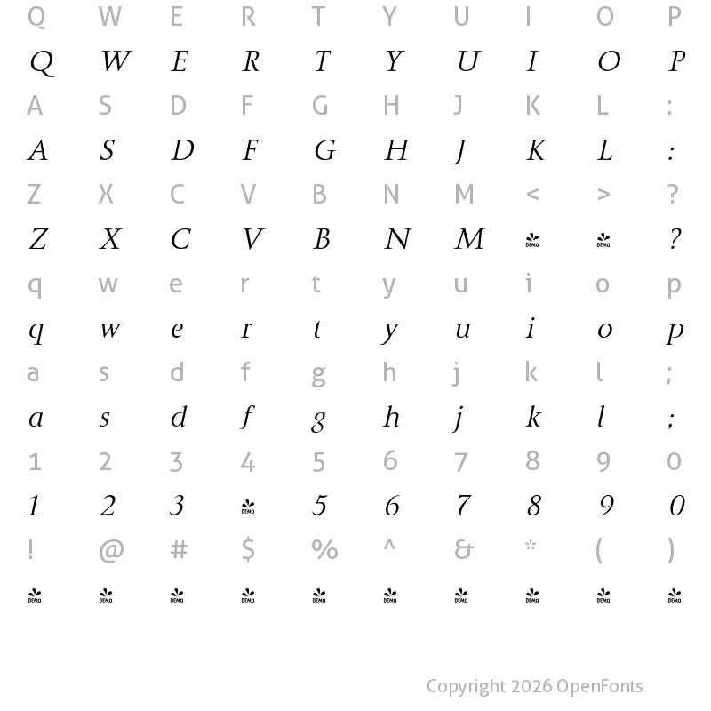 Character Map of FONTSPRING DEMO - Ceres Italic