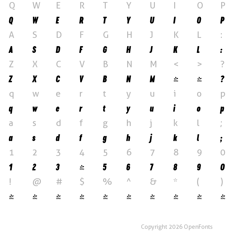 Character Map of FONTSPRING DEMO - Cervino Black Condensed Italic Regular