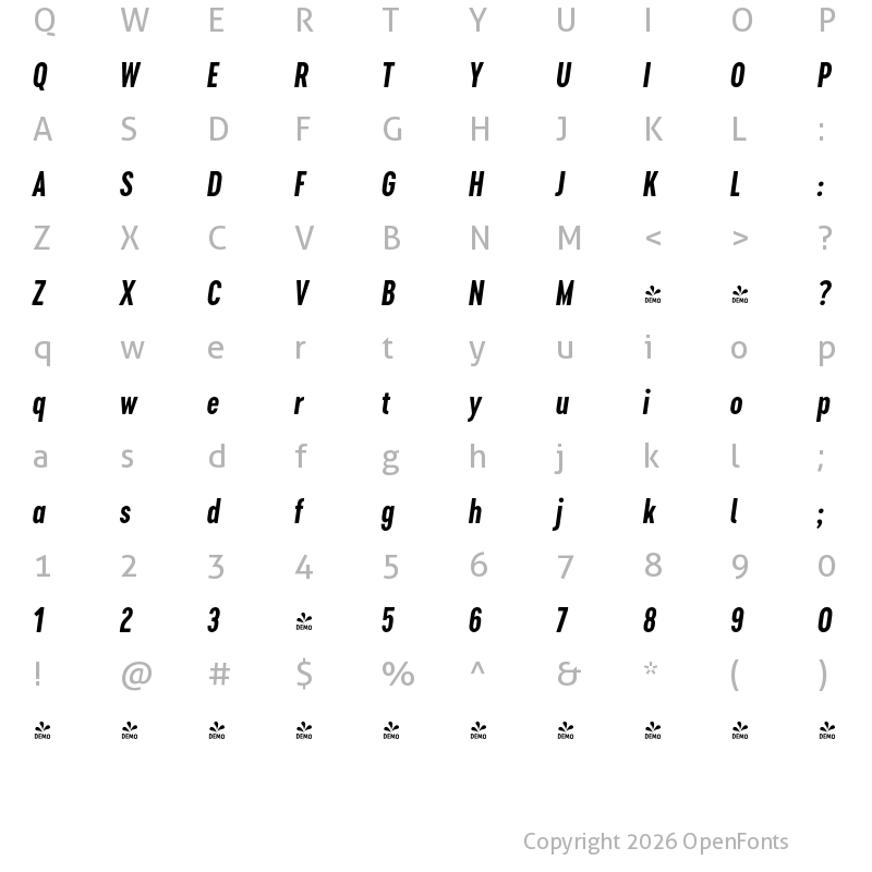 Character Map of FONTSPRING DEMO - Cervino Bold Condensed Italic Regular
