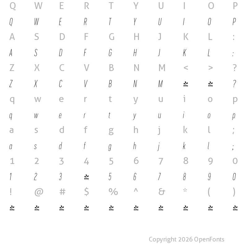 Character Map of FONTSPRING DEMO - Cervino ExLight Cond Italic Regular
