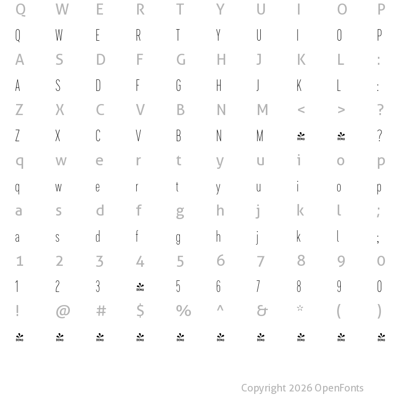Character Map of FONTSPRING DEMO - Cervino ExtraLight Condensed Regular