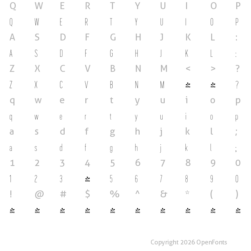 Character Map of FONTSPRING DEMO - Cervino Thin Condensed Regular