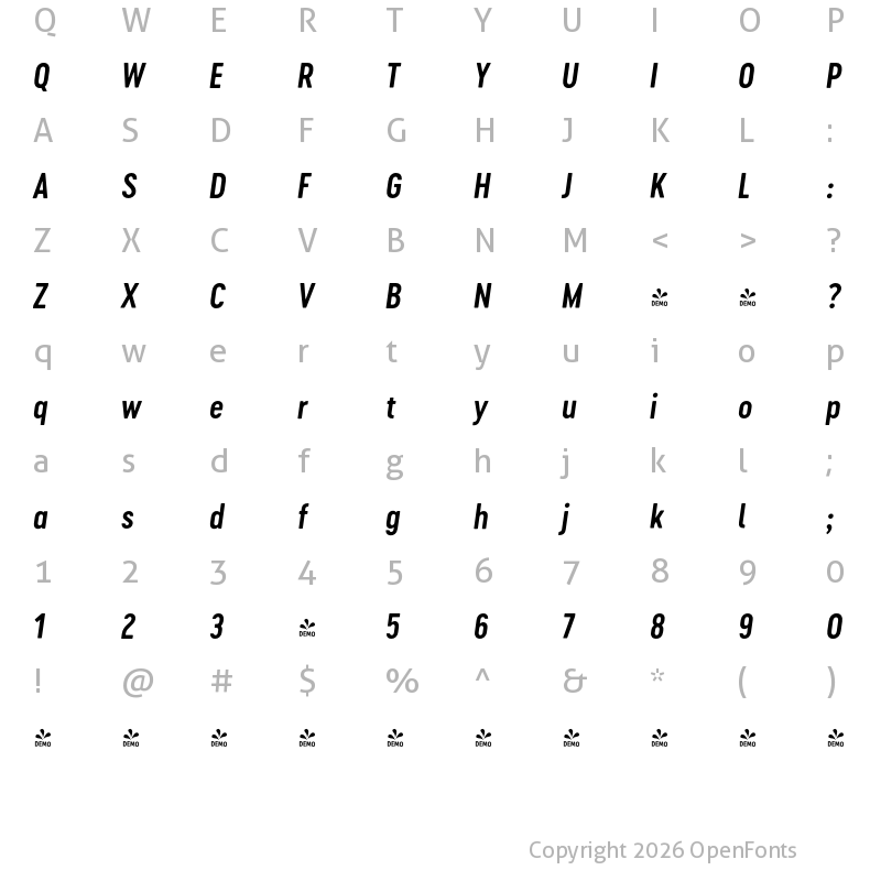 Character Map of FONTSPRING DEMO - Cervo Neue SemiBold Neue Italic Regular