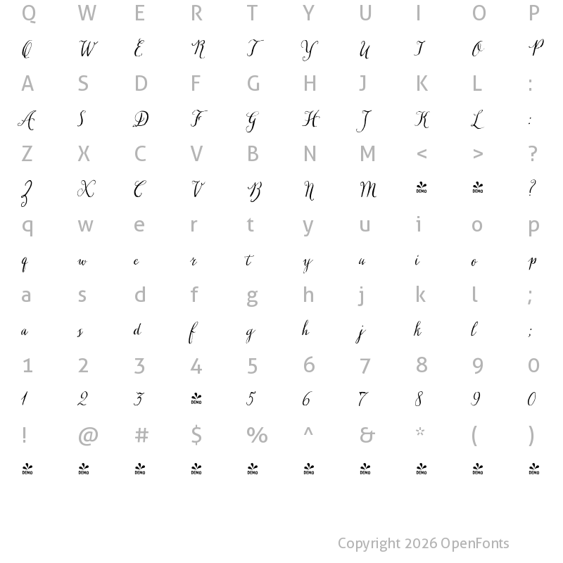 Character Map of FONTSPRING DEMO - Chameleon Pen Italic
