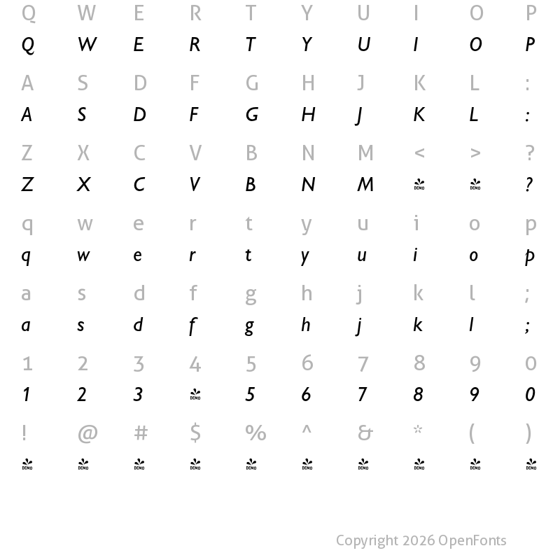 Character Map of FONTSPRING DEMO - Chantilly Medium Italic