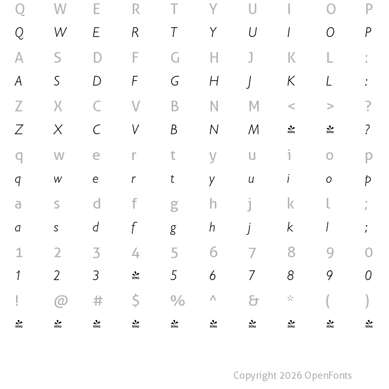Character Map of FONTSPRING DEMO - Chantilly Pro Light Italic