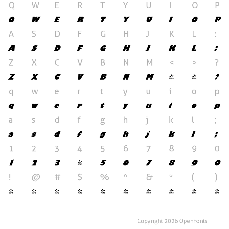 Character Map of FONTSPRING DEMO - Chantilly Pro Ultra Italic