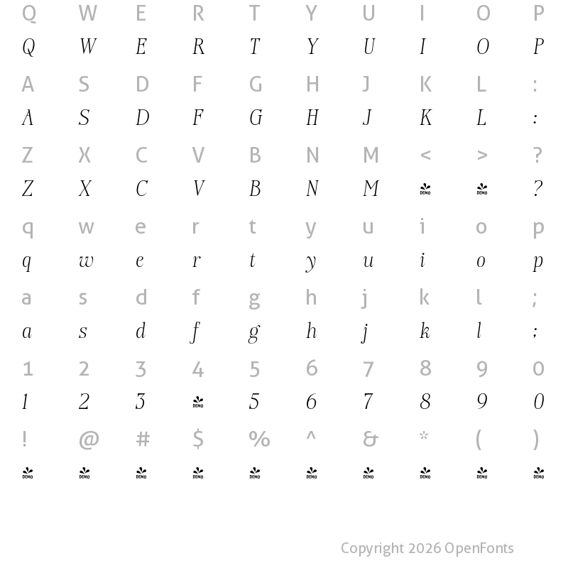 Character Map of FONTSPRING DEMO - Chantress Vittorea Italic