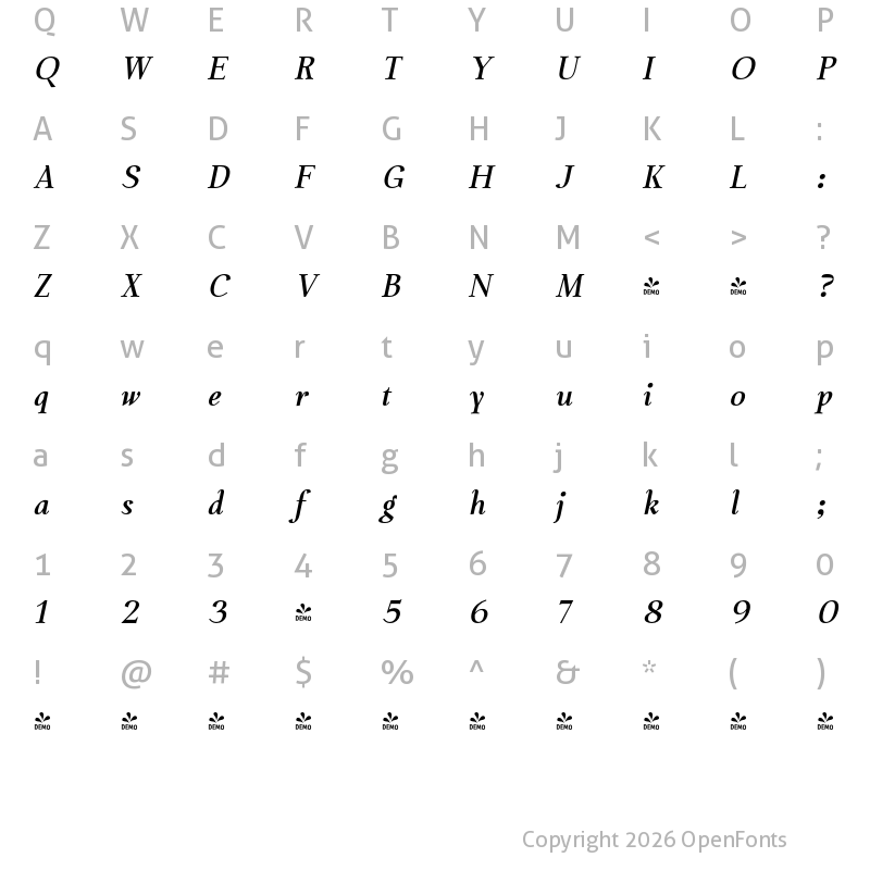 Character Map of FONTSPRING DEMO - Chaos is me Bold Italic Regular
