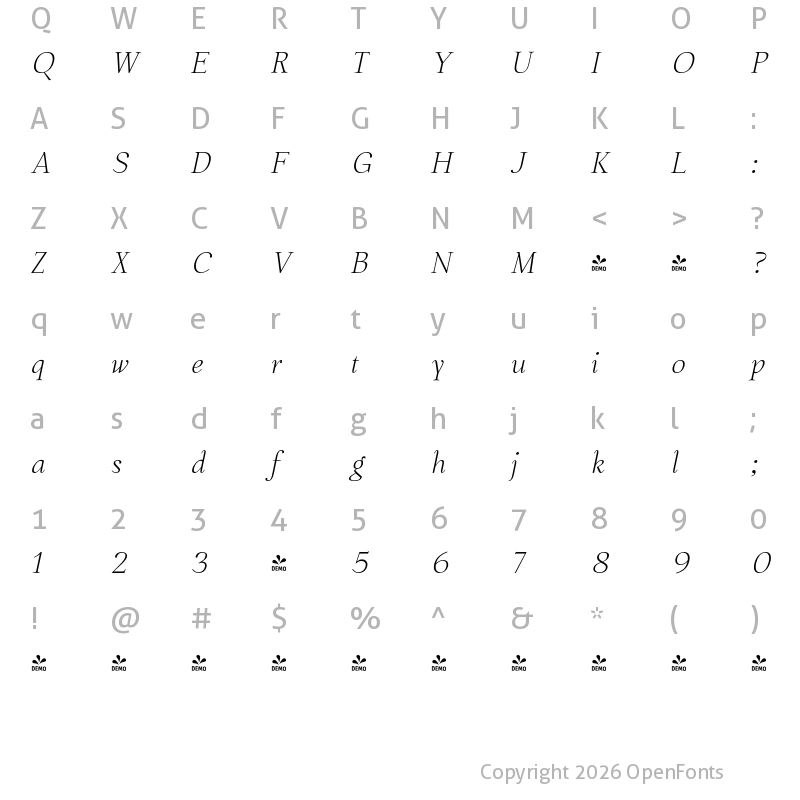 Character Map of FONTSPRING DEMO - Chaos is me Light Italic Regular